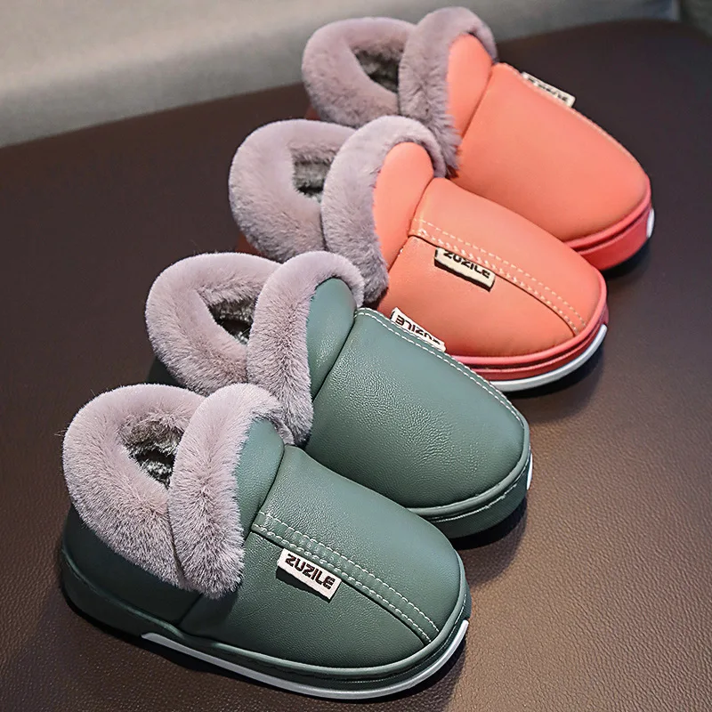 Зимняя детская теплая обувь для мальчиков и девочек; Хлопковые тапочки; Детская Нескользящая водонепроницаемая обувь из искусственной кожи; Модная домашняя теплая Повседневная обувь
