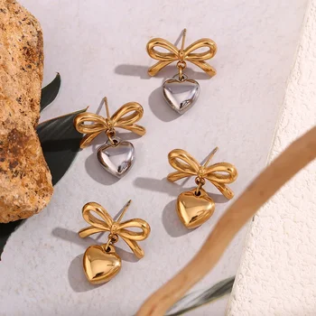 Jewelry Gift Heart Bow Earrings 18k Gold Plated Drop Earrings Waterproof Stainless Steel Jewelry