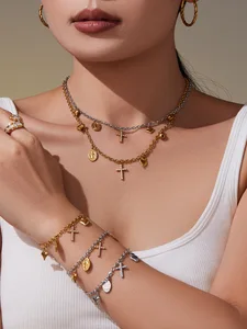 Ilona 5A Zircon Cross Heart 18k Gold Plated Stainless Steel DIY Unisex Trendy Bracelet Necklace Set Women's Fashion Jewelry Set