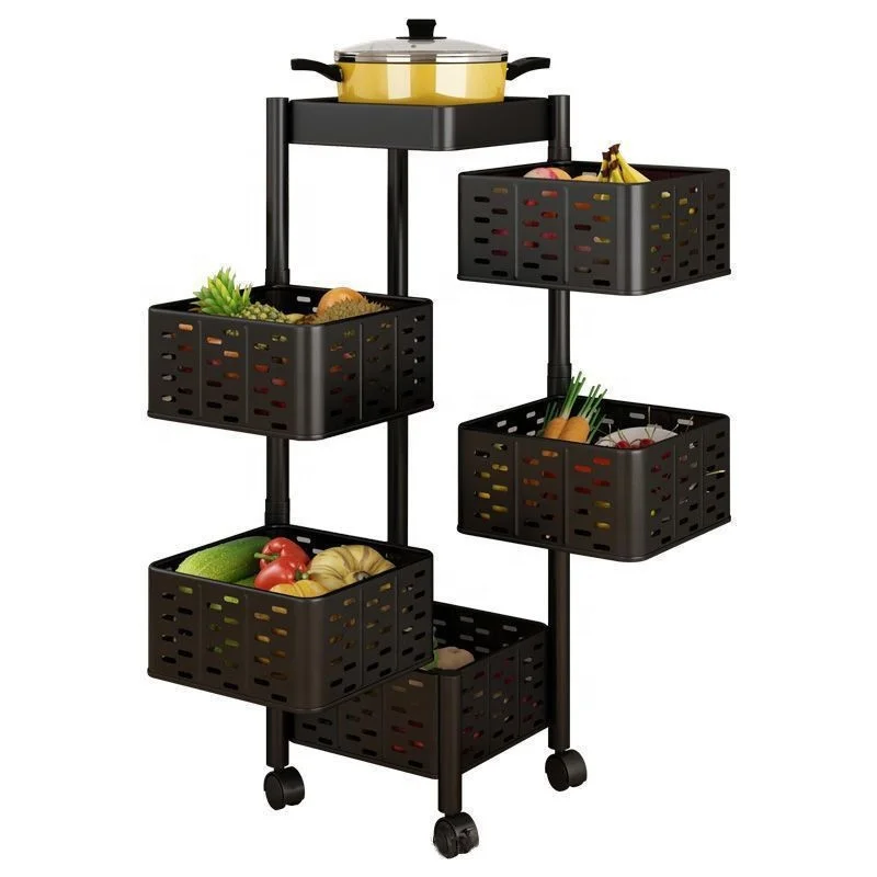 5 Layer Kitchen Shelf with Rotating Trolley Practical Storage Rack Modern Wood and Metal Furniture for Kitchen