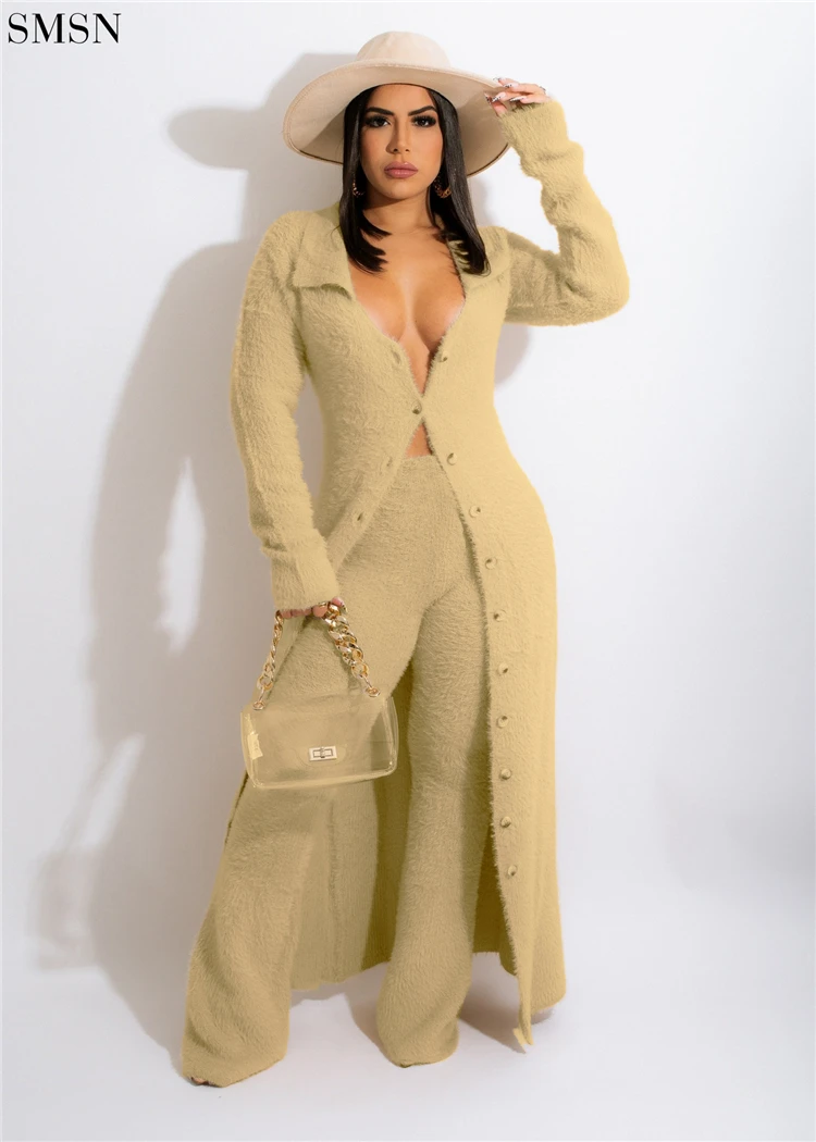 Best Design Solid Color Plush Long Coat Casual Suit Wholesale 2 Piece Set Women Clothes 2 Pice Women Sets