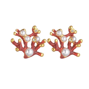 YUKAM Stainless Steel Irregular Gold Plated Red Enamel Imitation Pearl Crystal Rhinestone Coral Branch Stud Earrings for Women