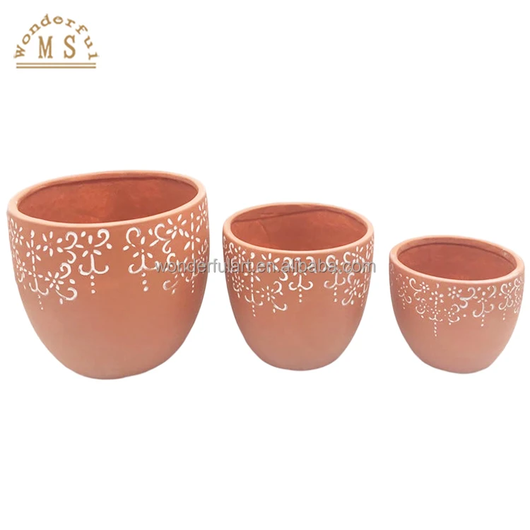 Porcelain Home Decor logo embossing Flower Vase handicraft succulent Ceramic imitated terracotta flowerpot garden planter