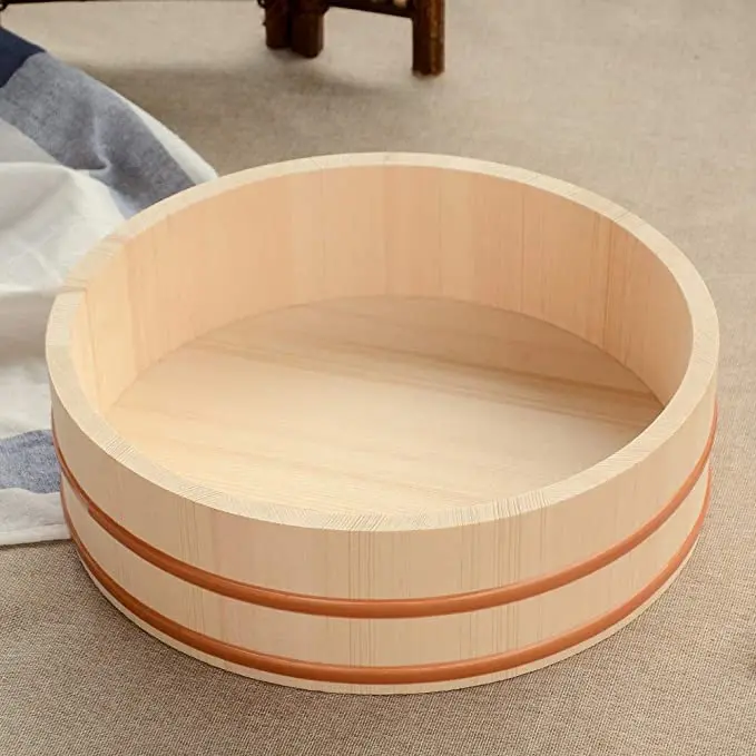 Japanese Restaurant Bibimbap Bucket Wooden Sushi Rice Bowl Hangiri Sushi Oke Rice Mixing Tub