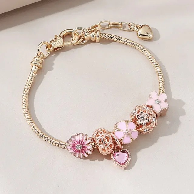 High quality gold plated crystal heart flower charm bracelet adjustable pink heart pendant bracelet for women girls