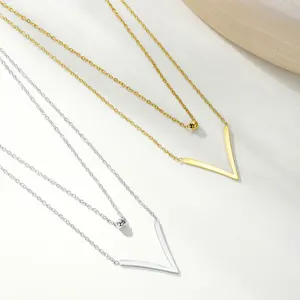 Women's European American Retro Simple V Mother Necklace Ins Fashion Double Layer Ball Pendant Stainless Steel Gold Plated