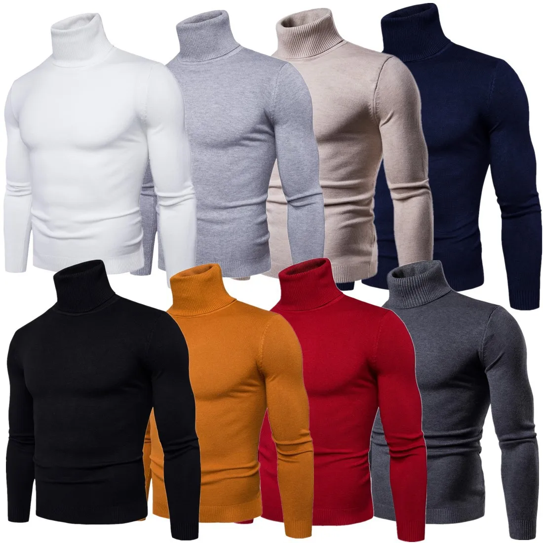 New Spring Autumn Men Fashion Knit Choker High Collar Long Sleeve Solid Color Slim Casual Tops Blouse Knitwear Sweater