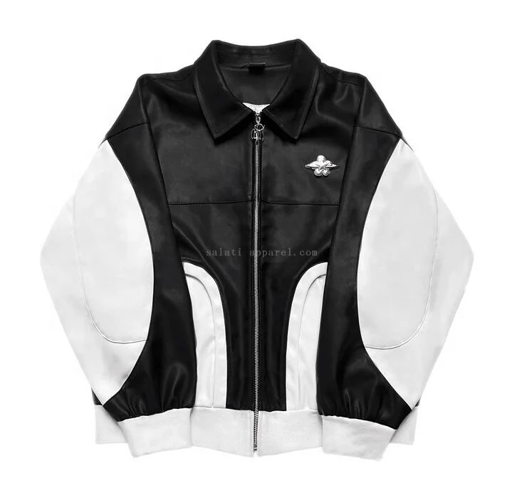 Custom Two Tone Color Polyester Blank Full Zip up Oversized Streetwear Letterman Bomber Varsity Pu Leather Jackets Men gallery 2