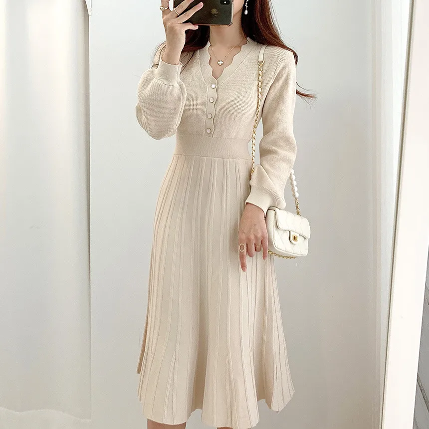 Korean Pleated Dress Long Sleeve Slim Woman Sweater Dresses