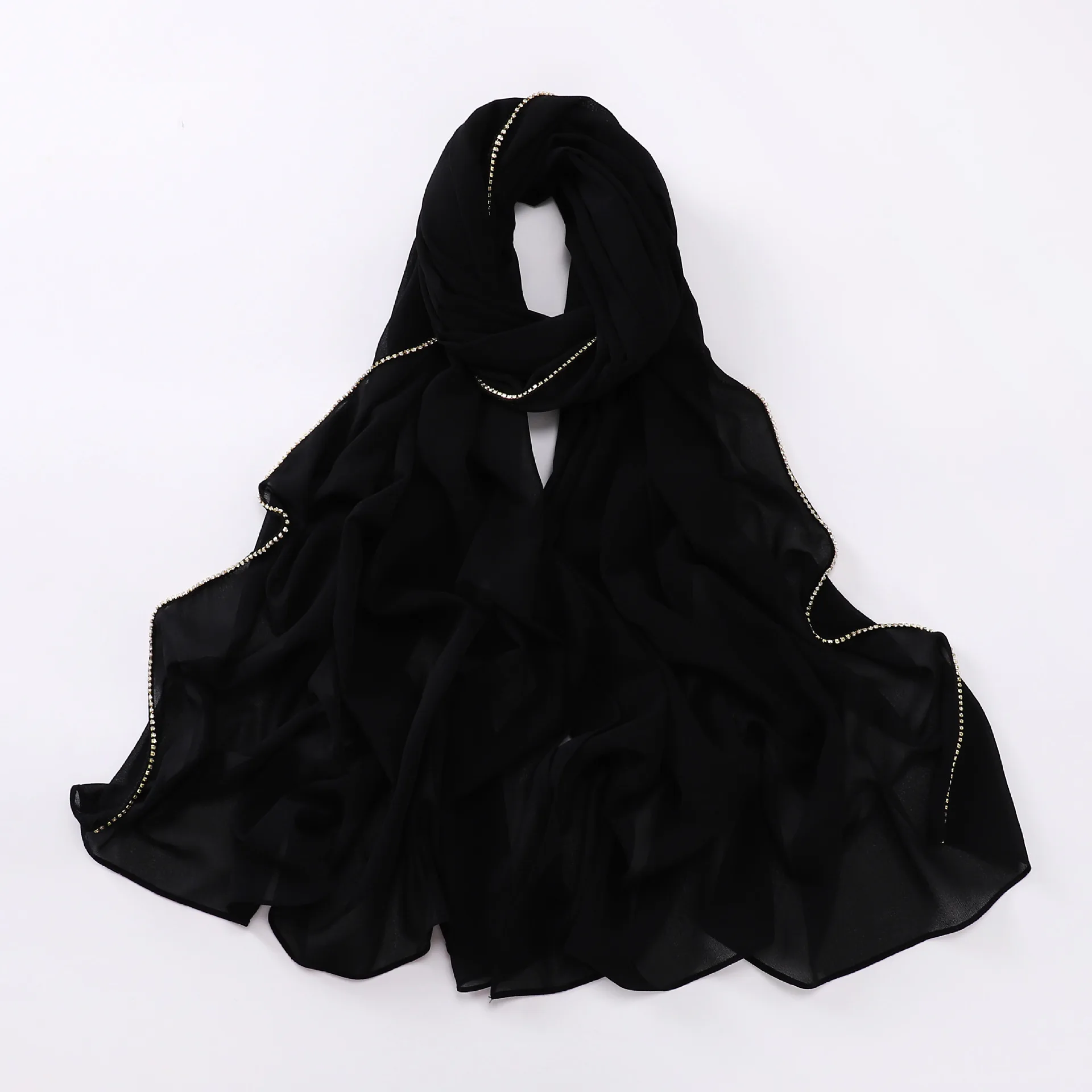 Crystal Edge Chiffon Hijab Shawl With Shimmer Chain - Odm Available