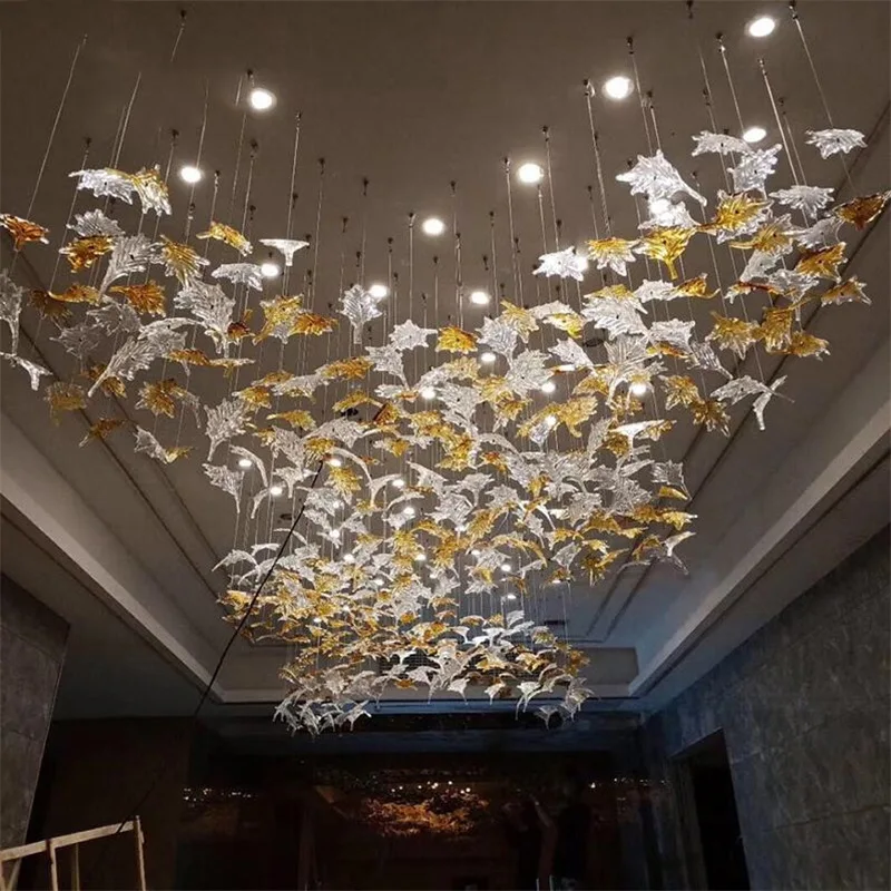Hotel Lobby Customization Large Sand Table Lamp Hall Maple Leaf Art Hanging K9 Crystal Chandelier