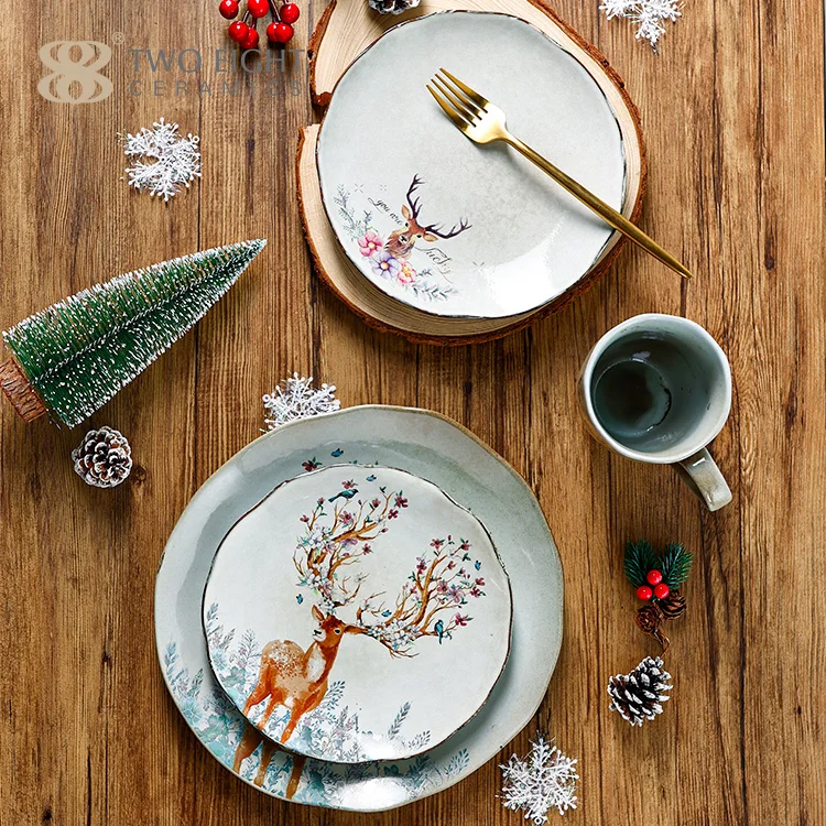 Kreatives Weihnachtstischgeschirr: Speiseteller,Elch Handbemalte Dekoration,Porzellantassen,Keramikteller Und Schüssel-geschirrsets