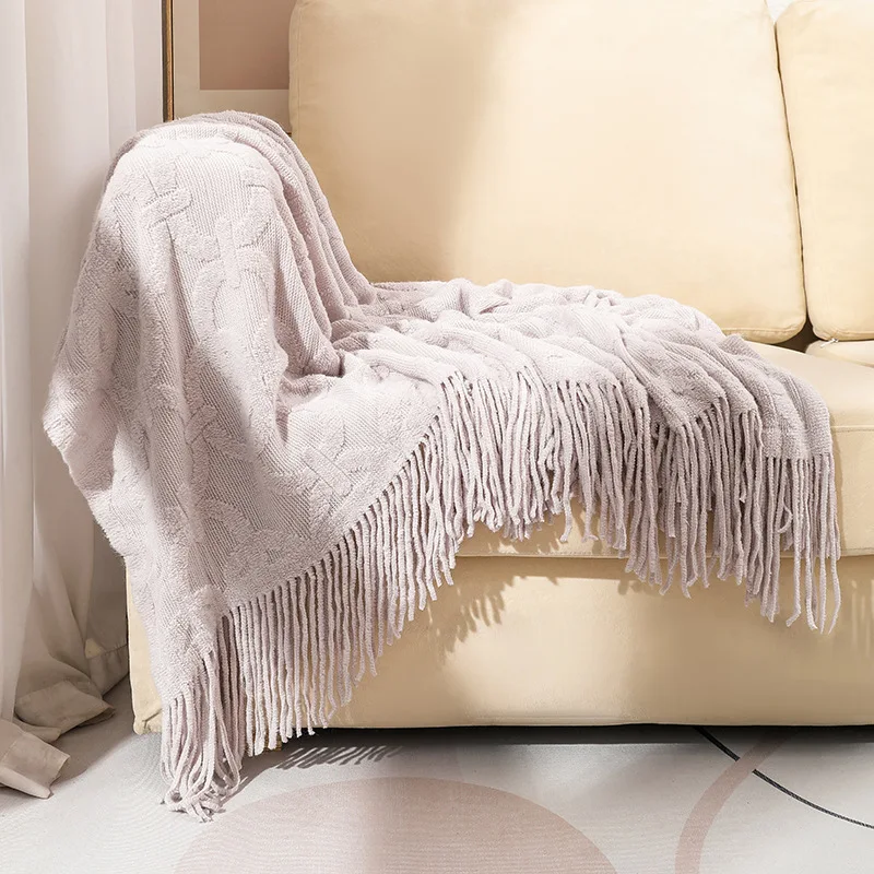 Factory Fringe Knit 100% Acrylic Jacquard Solid Home Decor Striped Pattern Throw Blankets for Chair Sofa Couch Bed-for Hotels manufacture