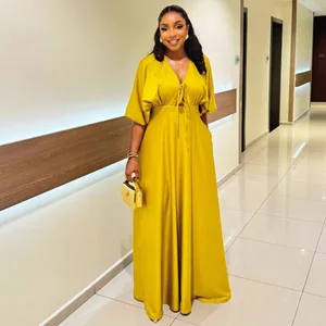 STOCK Ties Front Short Sleeve Women Dress Flare Maxi Dress Plus Size Beach Robe S-2XL