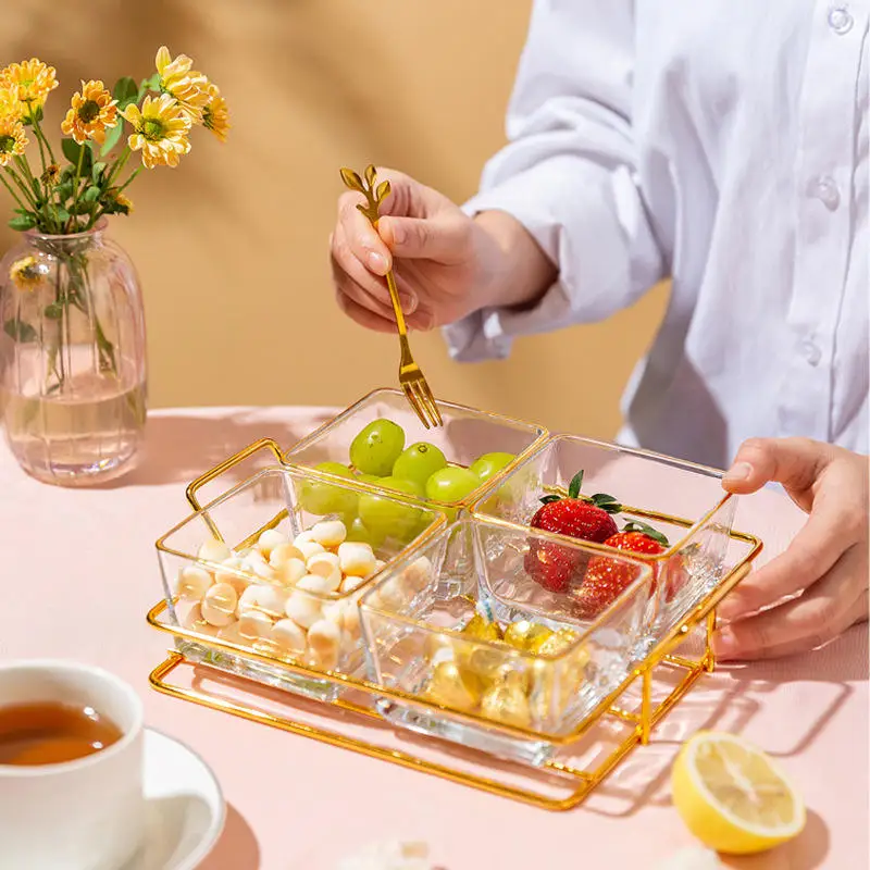 High quality serving set metal frame with removable glass dividers serving tray for party Chip bowls for party glass bowl