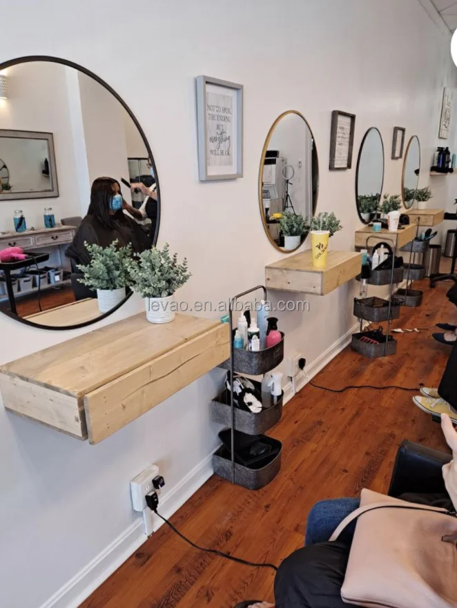 Wooden Wall Mounted Hair Salon Styling Mirror Station Wooden Wall Mounted Hair Salon Styling Mirror Station