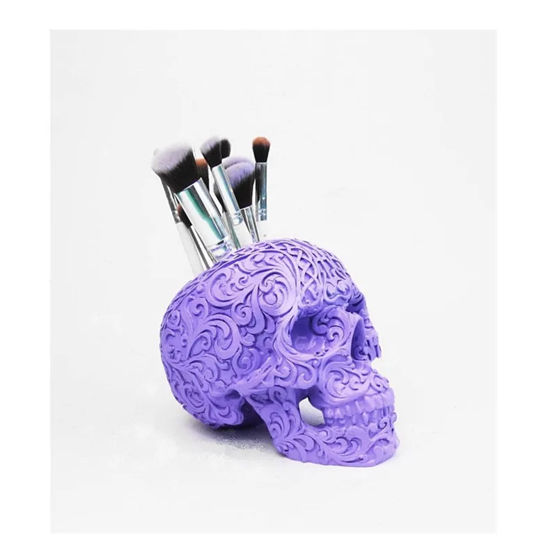 Resin skull head cosmetic makeup brush holder