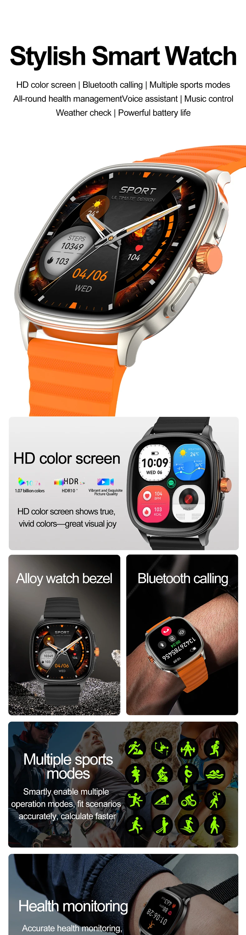 product hot design 2026 smart watch hk73 black orange ultra thin body 173inch amoled screen custom faces bt calling unisex smartwatch-5