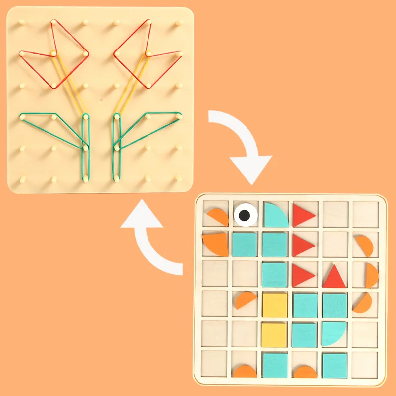 Montessori Toy 2 in 1 Rubber Band Nail Board Mosaic Puzzles Building Blocks Puzzle Game Wooden STEM Education Toy for Kids