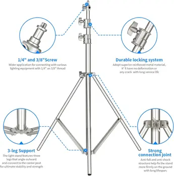 Neewer 118"/3m Stainless Steel Light Stand, Spring Cushioned Heavy Duty Photography Tripod Stand With 1/4 to 3/8 Universal detail image