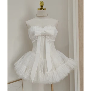 AELESEEN Factory Wholesale Sweet Princess Dress Women Strapless Fishbone Mesh Trim Ruffled Puffy with Bow Sexy Pink Mini Dress