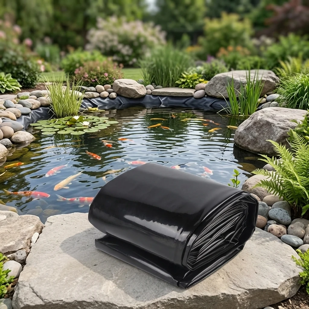 بطانة بركة من البولي إيثيلين عالي الكثافة (HDPE) بالجملة، سماكة ٢٠ ميل، مصنّعة مقاومة لأشعة فوق البنفسجية، عازلة للماء، آمنة للأسماك، وتُستخدم في مشاريع تنسيق الحدائق والبرك والسدود