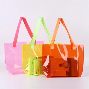 KALANTA OEM Custom logo Cute Transparent Waterproof Neon Candy Color Beach PVC Gift Shopping Tote Bag