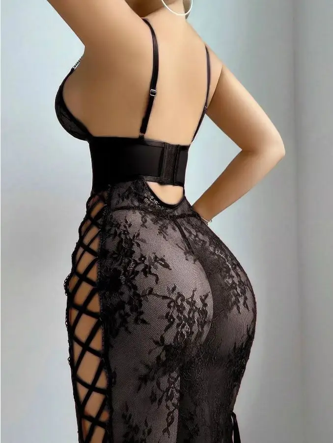 2-piece Set of See Through Lace Pajamas Sexy Lingerie Women's Sexy Long Skirt, Women's Evening Gown in Stock