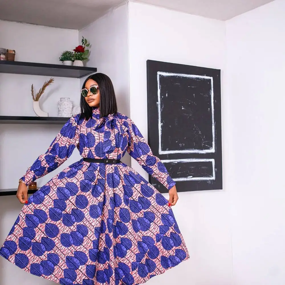 2023 Fall Clothing Fashion African Print Long Sleeve High Waist Puffy Bow  Neck Midi Dress Africa Plus Size Dress