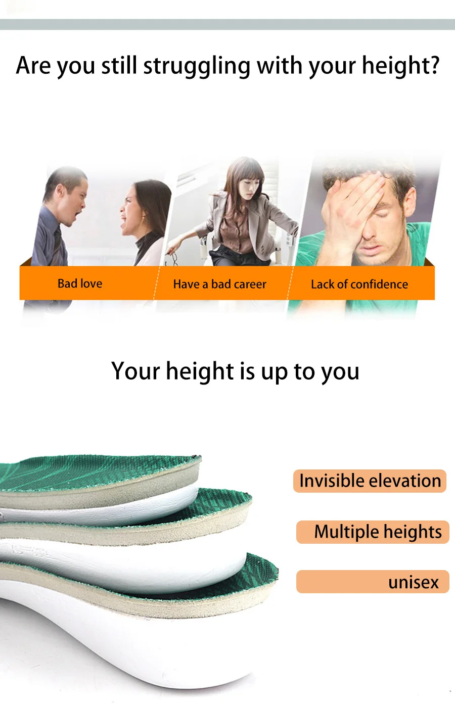 Height Lift Invisible Height Increase Foam Insoles Height Increasing Insoles for Men and Women Full Cushion Soft Bottom Shoe Pad