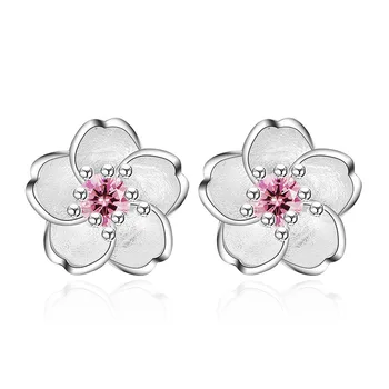 For s Women's Fine Jewelry Mother's day Birthday Gift Cherry Flower Blossoms Flower Crystal Stud Earrings Silver Color Ear Studs