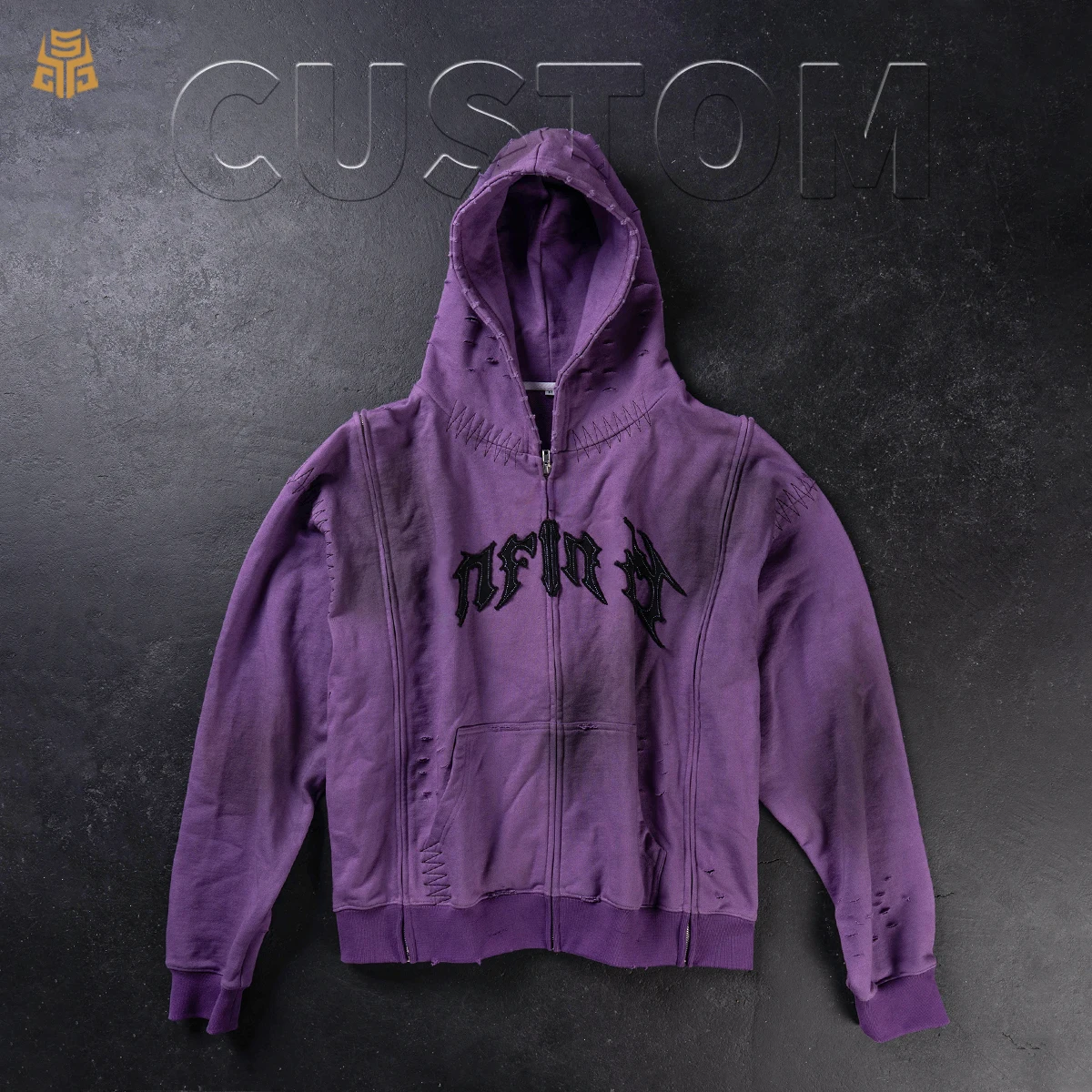 450gsm Oversized Heavyweight Vintage Acid Wash Mens Zip up Embroidery Hoodie Cotton Distress Design Dirty Wash Hoodie Unisex