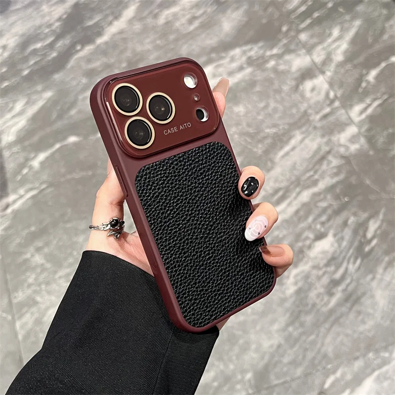 Luxury Lichee Pattern Leather Phone Case for iPhone 17 16 15 14 Pro Max Hard PC Camera Window Back Cover