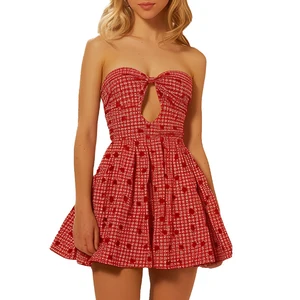 Custom High Quality Spring Summer Sleeveless off Shoulder Cut Out Flower Printed Sexy Pleated  Mini Casual Dress