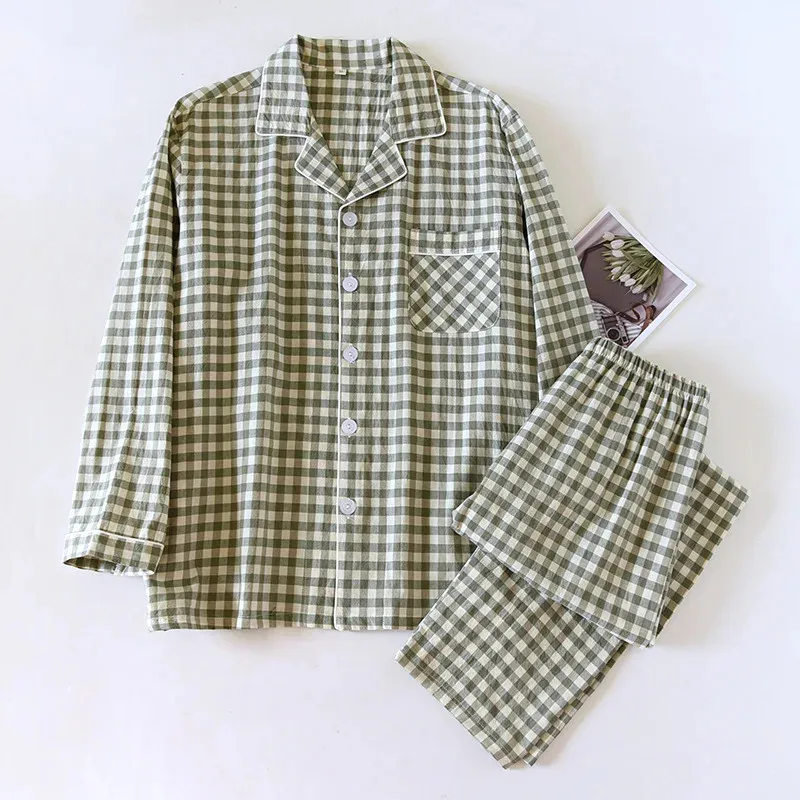 Men's and Women's Plaid Long Sleeve Two Piece Pajama Set