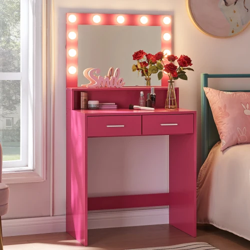 Modern Pink Small Dressing Table with LED Lighted Wall Mirror and Drawer  Vanity Anti-Fog Ready Stock for Makeup America