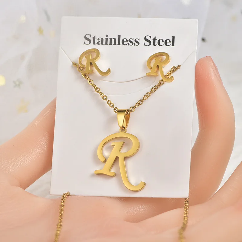 Cocadant Gold Large Initial Necklace,Gold Initial Bracelet,Gold CZ Initial Stud Earrings for Women Girls Men,Stainless Steel Letter Name Fashion Jewelry Set Gifts,Alphabet 26 A-Z 