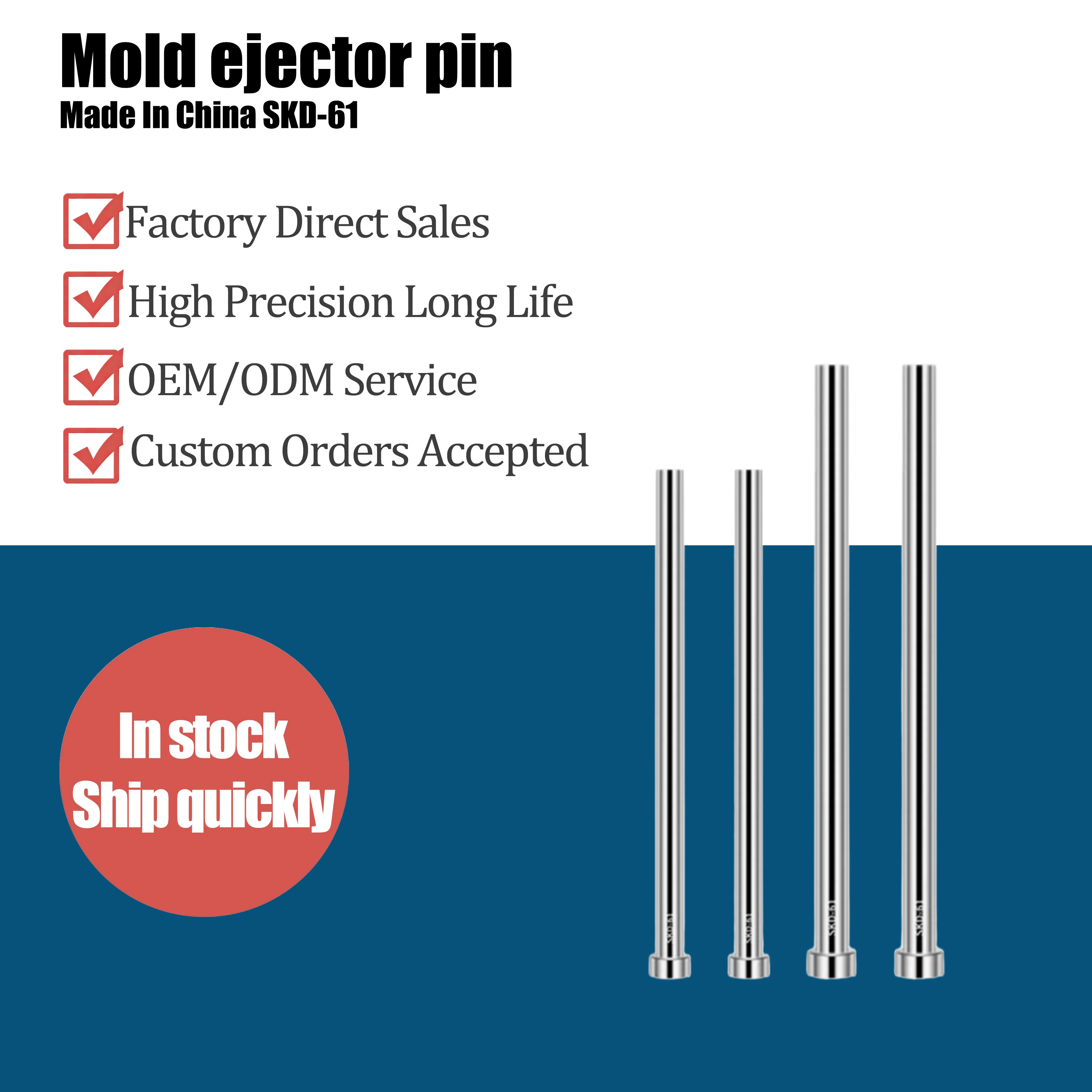 DLC Coating Ejector Pin BeCu Mold Components Precision Ejector Pin Set for Large Injection Mold and Plastic Molding Machine
