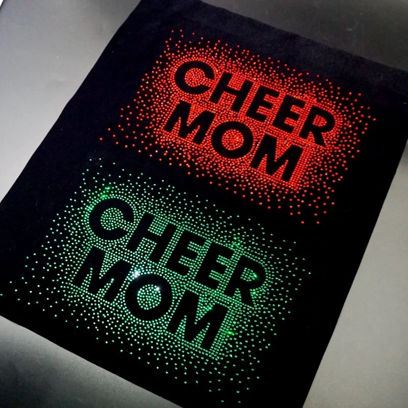 Professional designing rhinestone motif pattern iron on patch t shirt cheer mom iron-on glitter rhinestone transfer