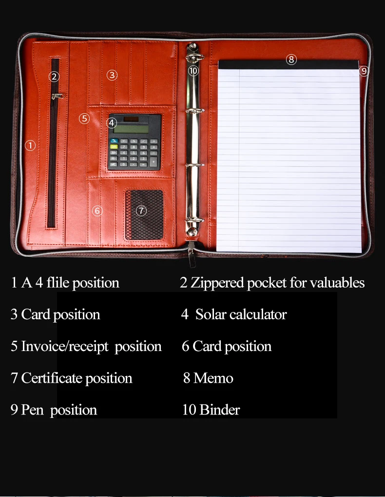 Zippered Padfolio Portfolio Binder,A4 Leather Folder Portfolio With
