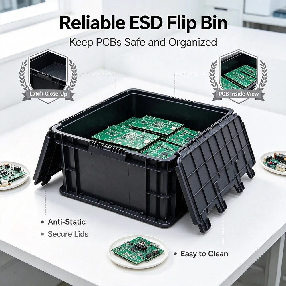 ESD Flip Top Storage Bin Static Dissipative Sturdy Plastic Crate
