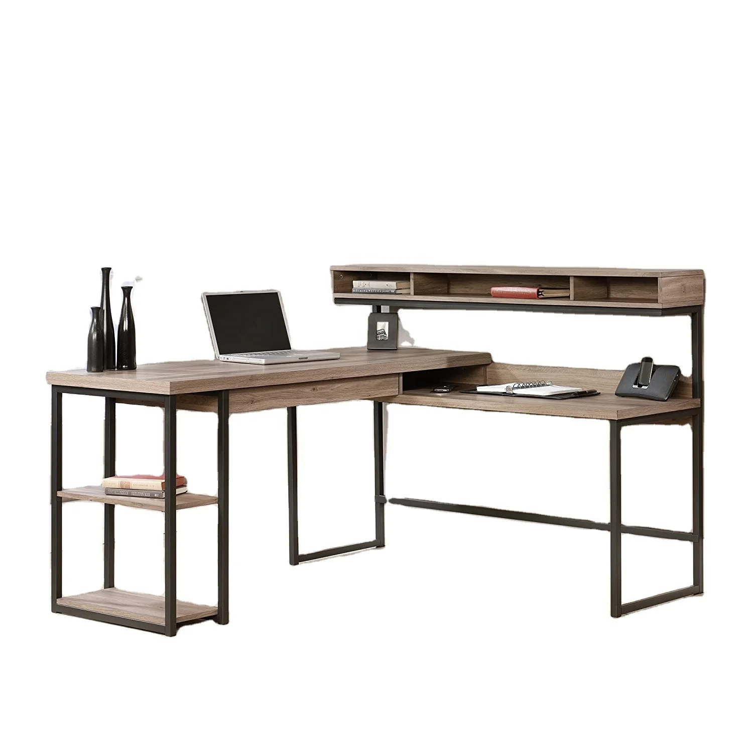 Multi-purpose Flat L shape Home Office Computer Desk with Shelves