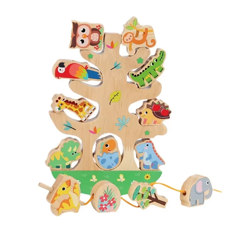 Wooden Animal Block Balancing Tree Beads Threading Stacking Blocks Toy Kids Early Education Wooden Toys