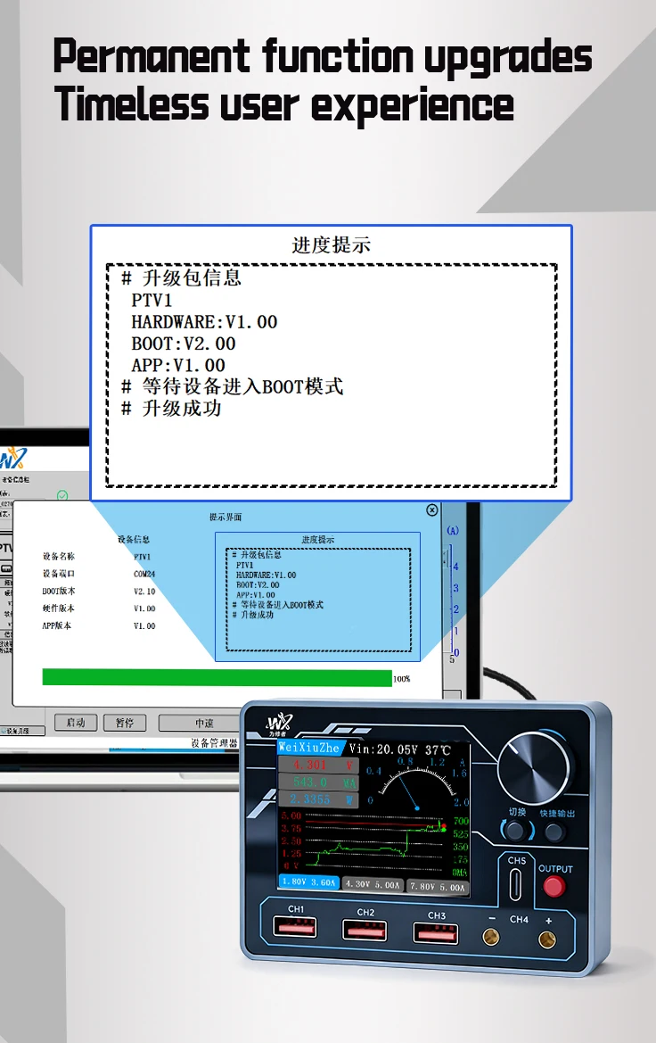 Weixiuzhe PTV1 Smart Power Supply 13V 5A/0.1mA Resolution PD/QC Input/ AI Data Analysis Curve Playback for Precision Maintenance