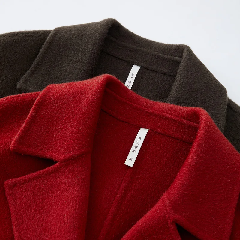 2025 Spring New Elegant Belted Long Cashmere Coat Loose Turn Down Collar Water Ripple Korea Wool Coat Ladies