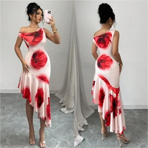 D&M Women's Elegant Slim-Fit Dress Undefined Casual Dress Off-Shoulder Color-Blocking Floral Print Strapless European American