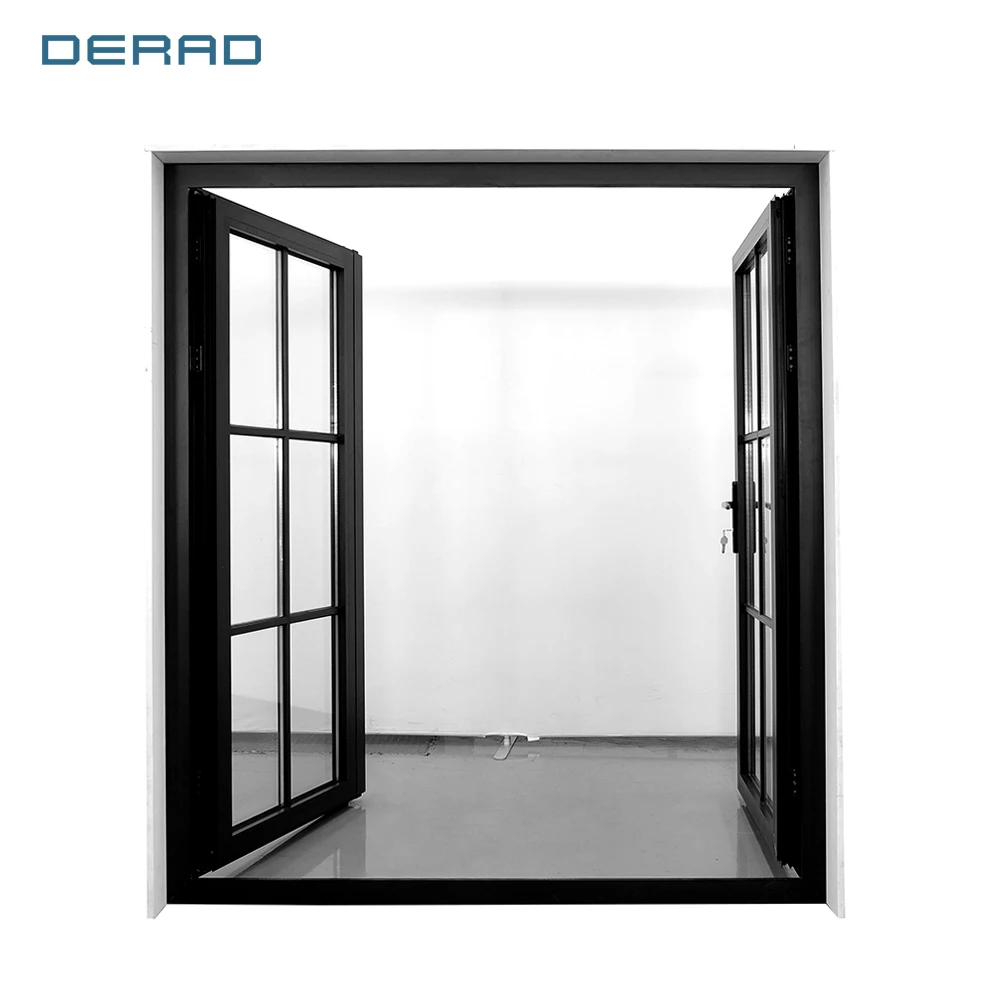 Visible door two pane design high quality black and customized color aluminum frame casement doors for restaurant hotel room supplier