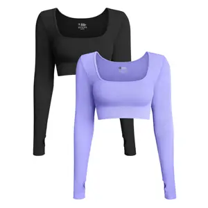 Women's Plus Size Lightweight Fashionable Fitness Yoga Sports Top Long Sleeved Comfortable Square Neck Exposed Belly Button