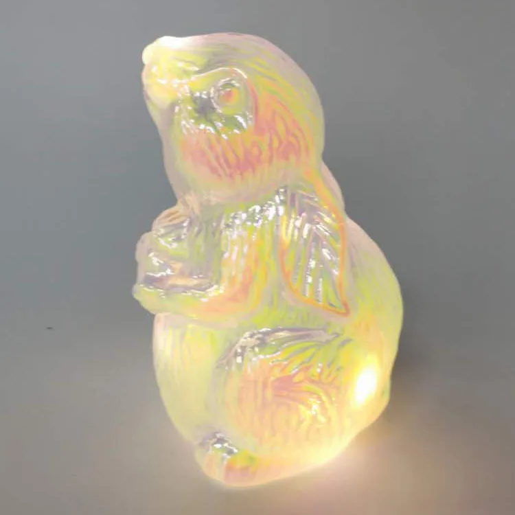 Battery operated led lighted white rainbow finish hand blown glass decorative rabbit Easter ornaments factory