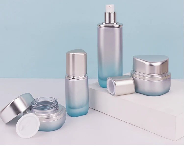 Cylinder Gradient Glass Cosmetic Container Glass Bottle Set For Cream Lotion Serum Skincare Packaging details